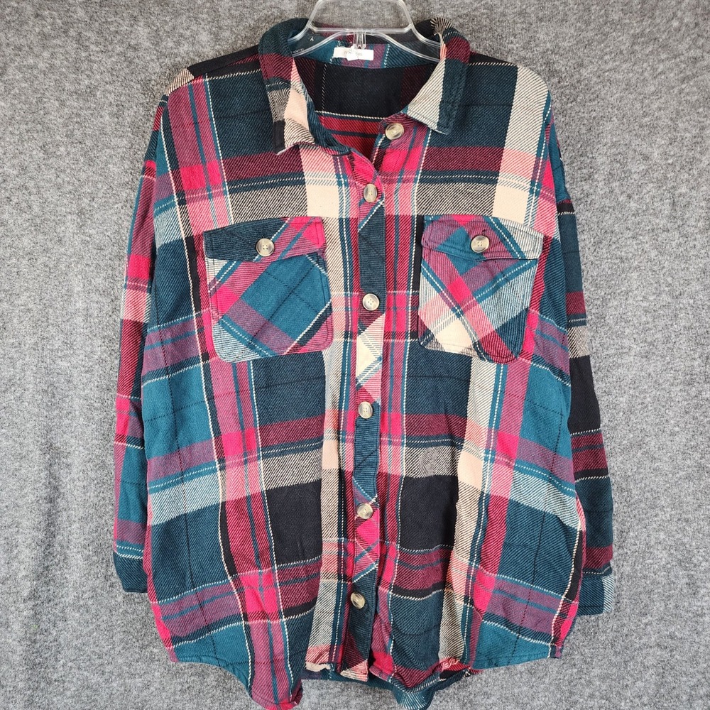 Maurices Button Down Womens XL Plaid Teal Pink Navy Cotton EUC